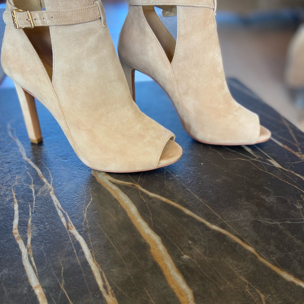 Michael Kors Tan Suede Peep-Toe Heeled Boots